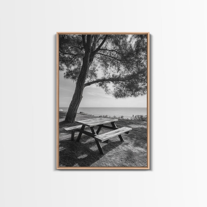 Seaside Bench, Peaceful Escape, Shaded Picnic, Canvas Print, nature photography, coastal wall art, relaxing ocean decor, Minimalist Decor