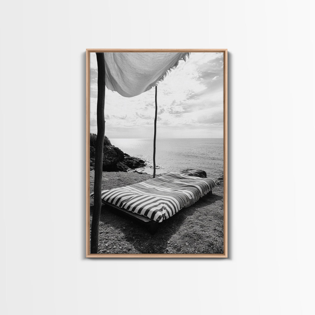 Seaside Nap, Minimal Daybed, Coastal Shade, Serene Moment, Canvas Print, Beach Bedroom Decor, Boho Seaside Art, Coastal Wall Style