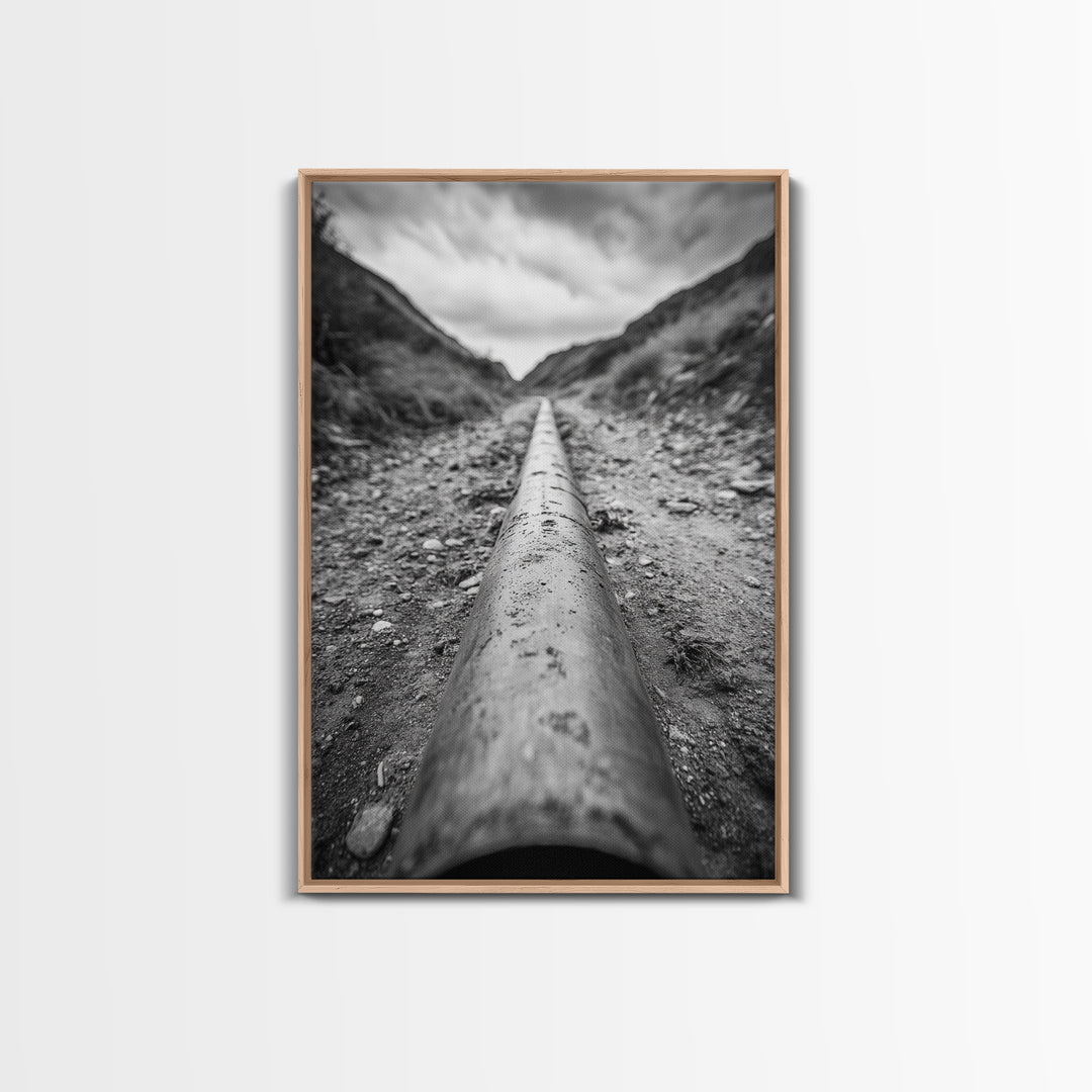 Industrial Line, Utility Pipe, Grunge Road, Canvas Print, Black White Photography, Modern Loft Decor, Urban Wall Art, Minimalist Style