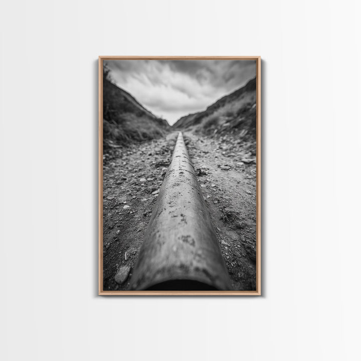 Industrial Line, Utility Pipe, Grunge Road, Canvas Print, Black White Photography, Modern Loft Decor, Urban Wall Art, Minimalist Style