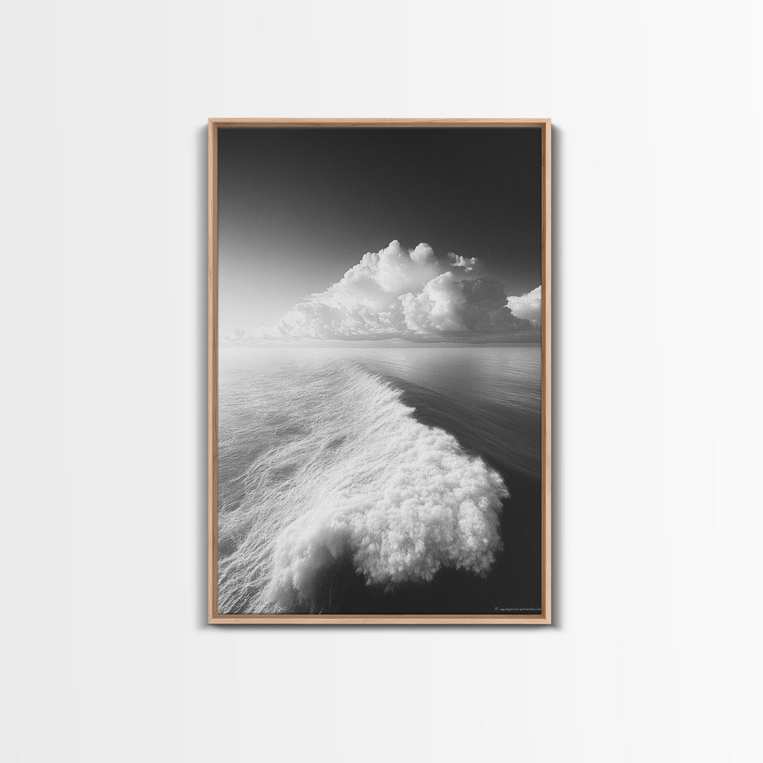Ocean Wake, Cloud Horizon, Surreal Seascape, Framed Canvas Print, Dreamy Black White Wall Art, Bathroom Decor, Coastal Fantasy Art