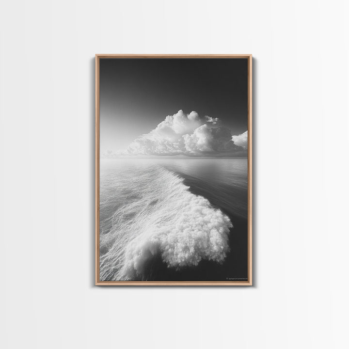 Ocean Wake, Cloud Horizon, Surreal Seascape, Framed Canvas Print, Dreamy Black White Wall Art, Bathroom Decor, Coastal Fantasy Art