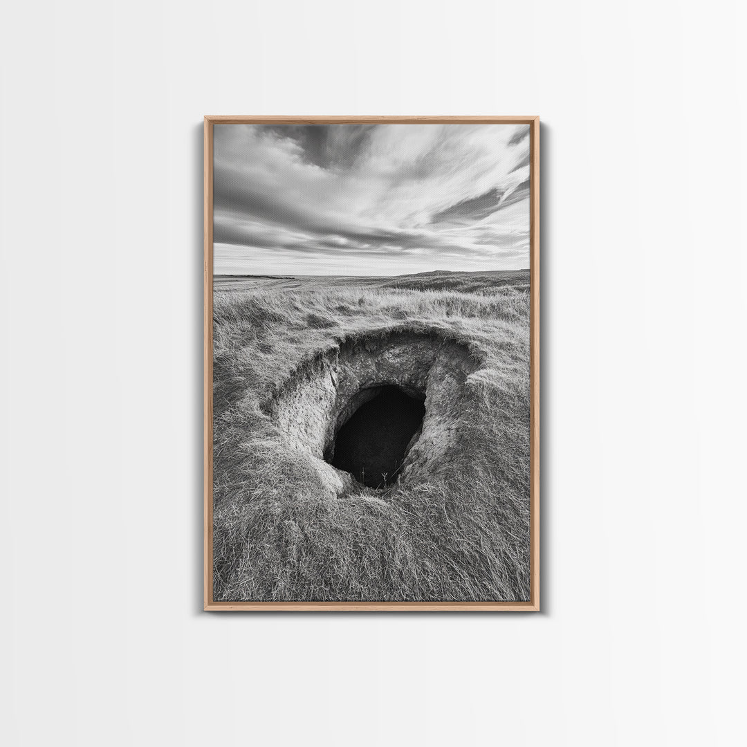 Burrow Entrance, Hidden Hole, Grassland Tunnel, Canvas Print, Nature Wall Art, Living Room Decor, Black White Landscape Photography