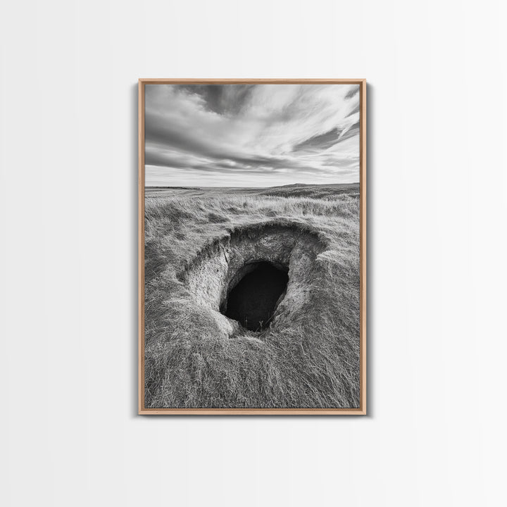 Burrow Entrance, Hidden Hole, Grassland Tunnel, Canvas Print, Nature Wall Art, Living Room Decor, Black White Landscape Photography