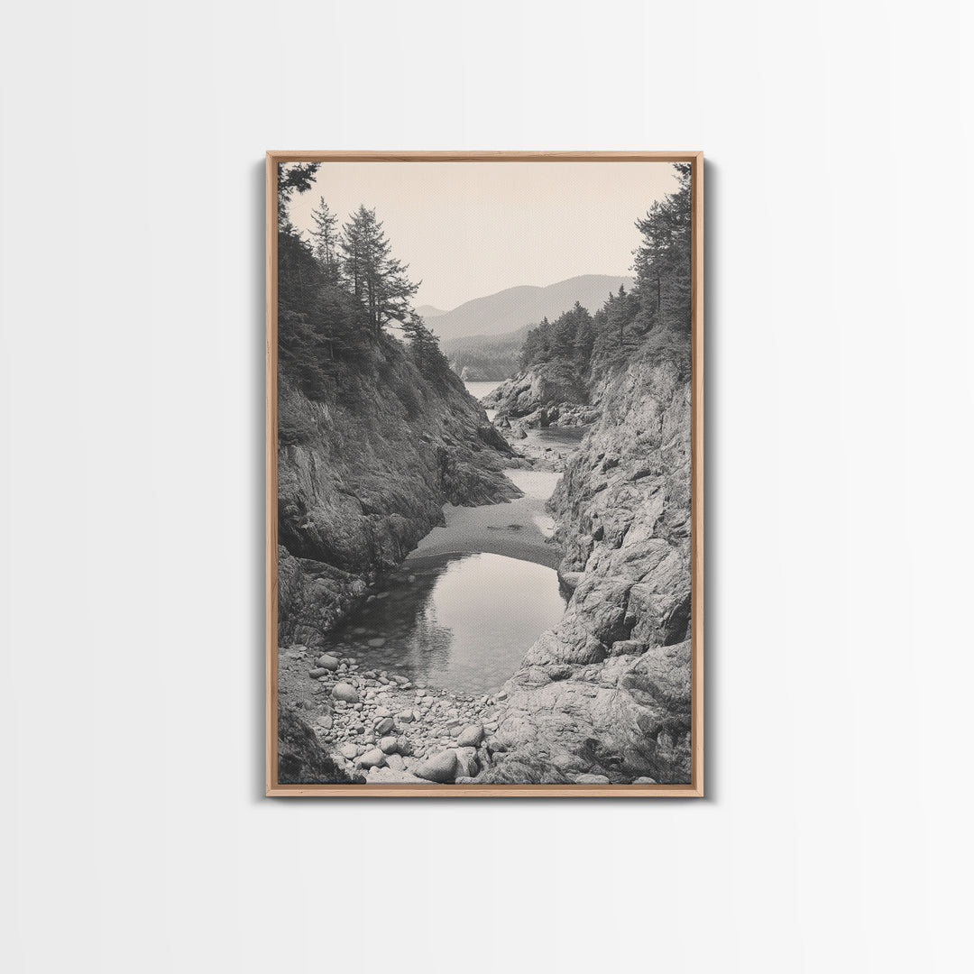Forest Coast, Rocky Shore, Ocean View, Framed Canvas Print, Serene Nature Wall Art, Bathroom or Hallway Decor, Pacific Northwest Style