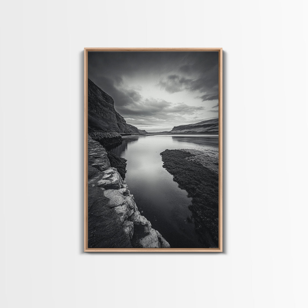 River Gorge, Twilight Reflections, Cliffside Calm, Canvas Print, Moody Black White Wall Art, Bedroom or Office Decor, Dramatic Landscape