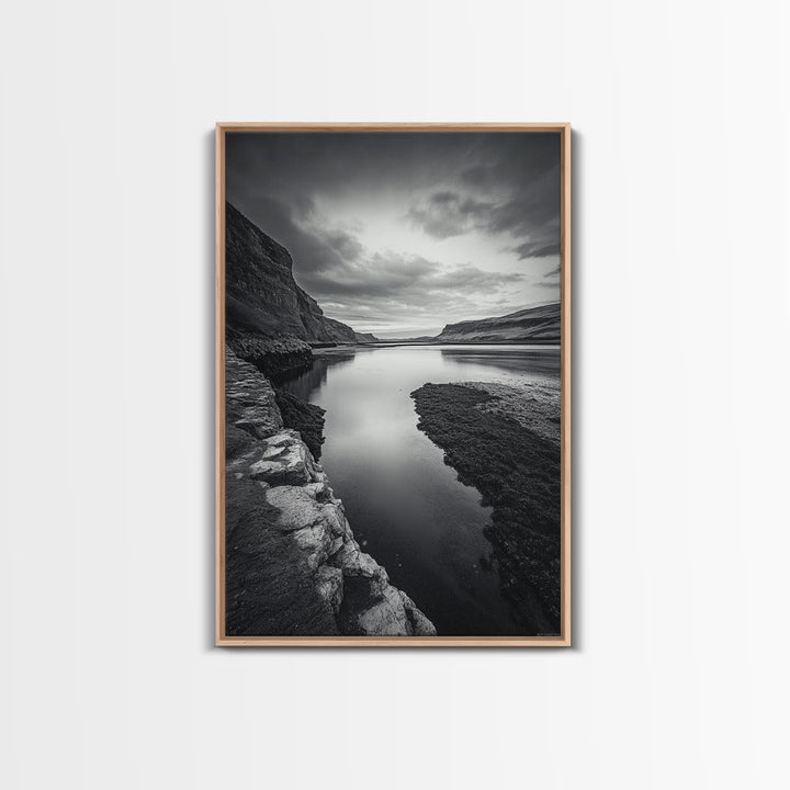 River Gorge, Twilight Reflections, Cliffside Calm, Canvas Print, Moody Black White Wall Art, Bedroom or Office Decor, Dramatic Landscape
