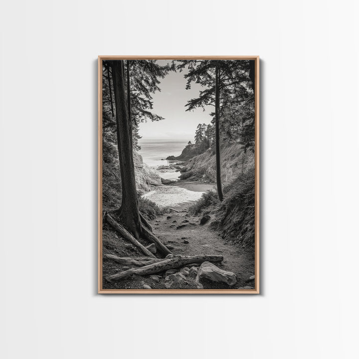 orest Cove, Ocean View, Pacific Trail, Framed Canvas Print, Coastal Nature Wall Art, Entryway Decor, Earthy Minimalist Photography