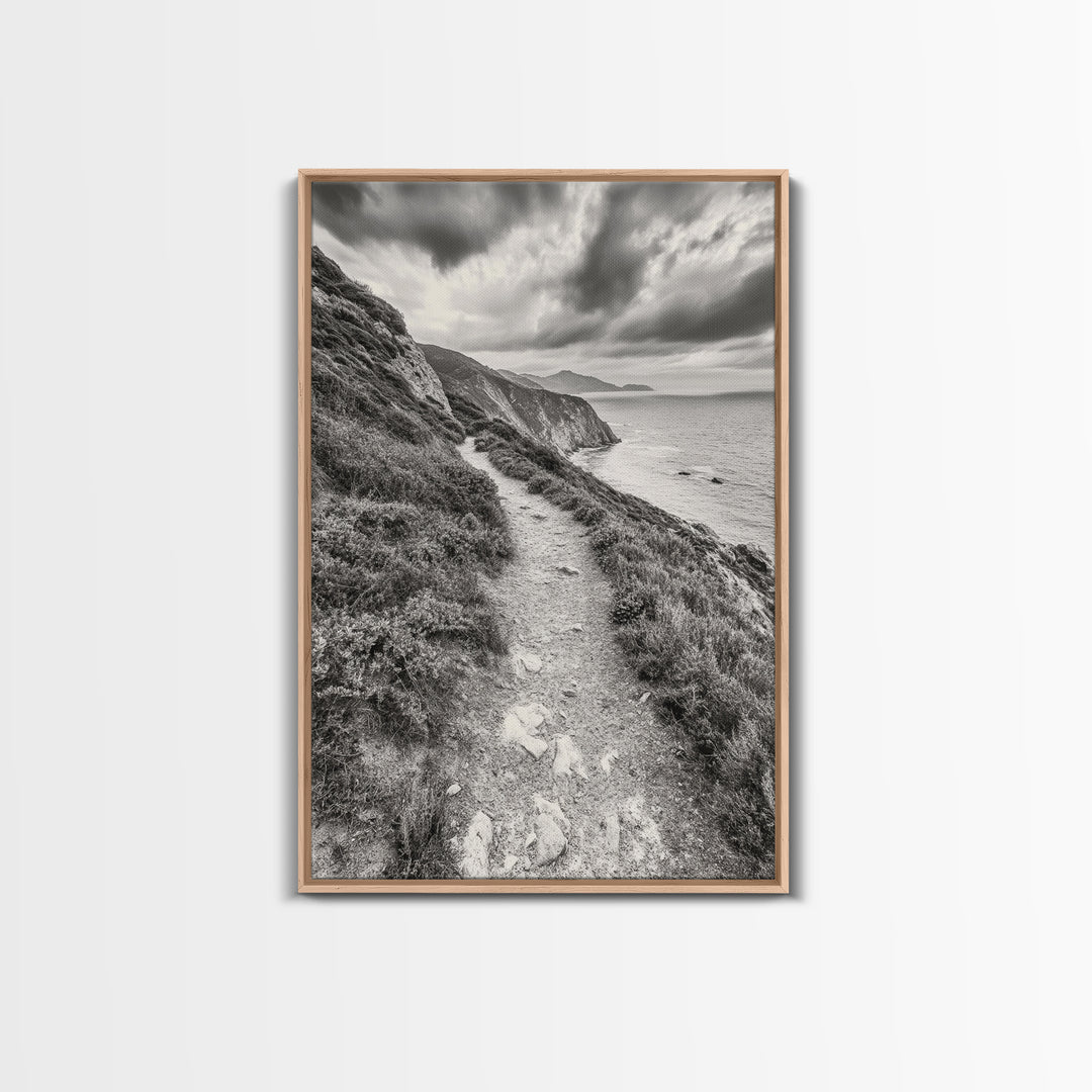 Cliffside Path, Coastal Trail, Ocean Escape, Canvas Print, Moody Landscape Wall Art, Living Room Decor, Adventure Travel Aesthetic