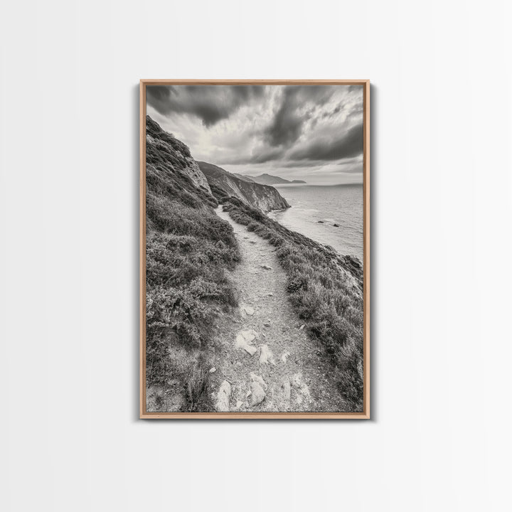 Cliffside Path, Coastal Trail, Ocean Escape, Canvas Print, Moody Landscape Wall Art, Living Room Decor, Adventure Travel Aesthetic