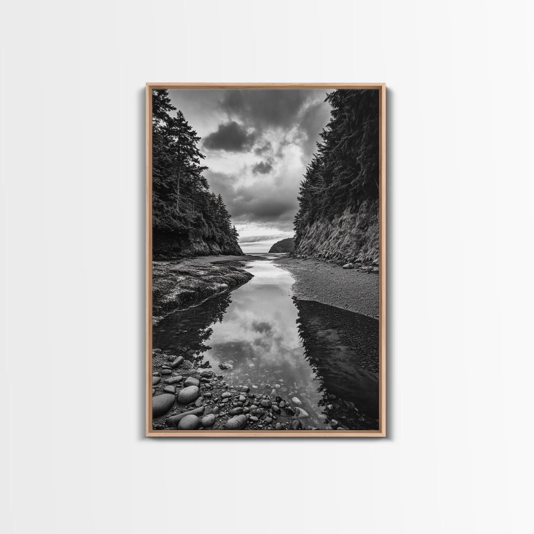 Tide Pool, Forest Reflection, Coastal Calm, Framed Canvas Print, Black White Nature Art, Bathroom or Bedroom Decor, Tranquil Scene