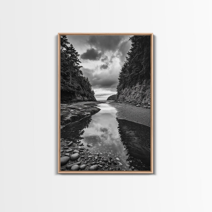 Tide Pool, Forest Reflection, Coastal Calm, Framed Canvas Print, Black White Nature Art, Bathroom or Bedroom Decor, Tranquil Scene