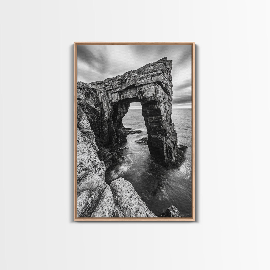 Sea Arch, Coastal Rock, Ocean Cliffside, Canvas Print, Dramatic Nature Wall Art, Living Room or Office Decor, Black White Seascape