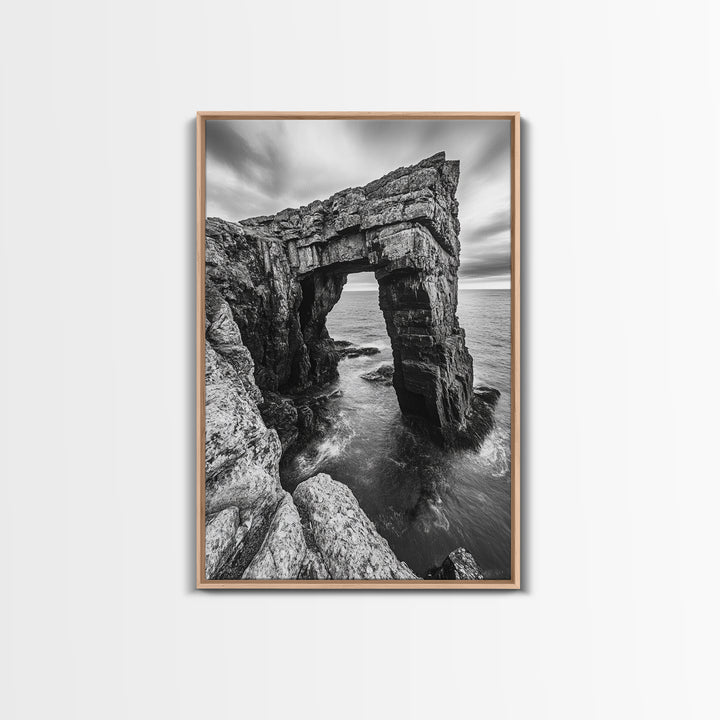 Sea Arch, Coastal Rock, Ocean Cliffside, Canvas Print, Dramatic Nature Wall Art, Living Room or Office Decor, Black White Seascape