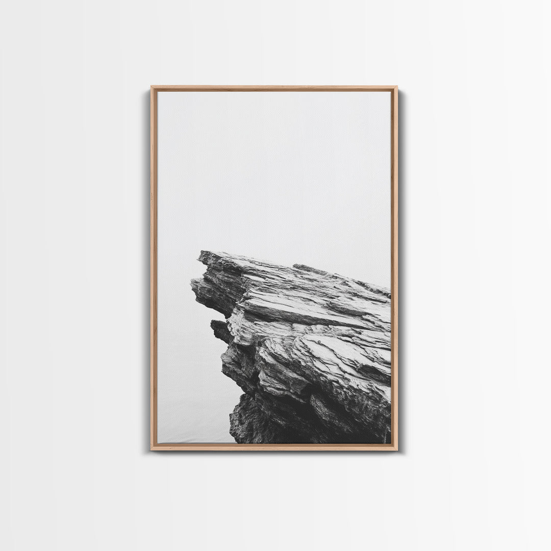 Weathered Cliffside, Coastal Rock, Modern Minimalism, Nature Decor, Framed Canvas Print, Neutral Tones, Office Wall Art, Beachy Aesthetic