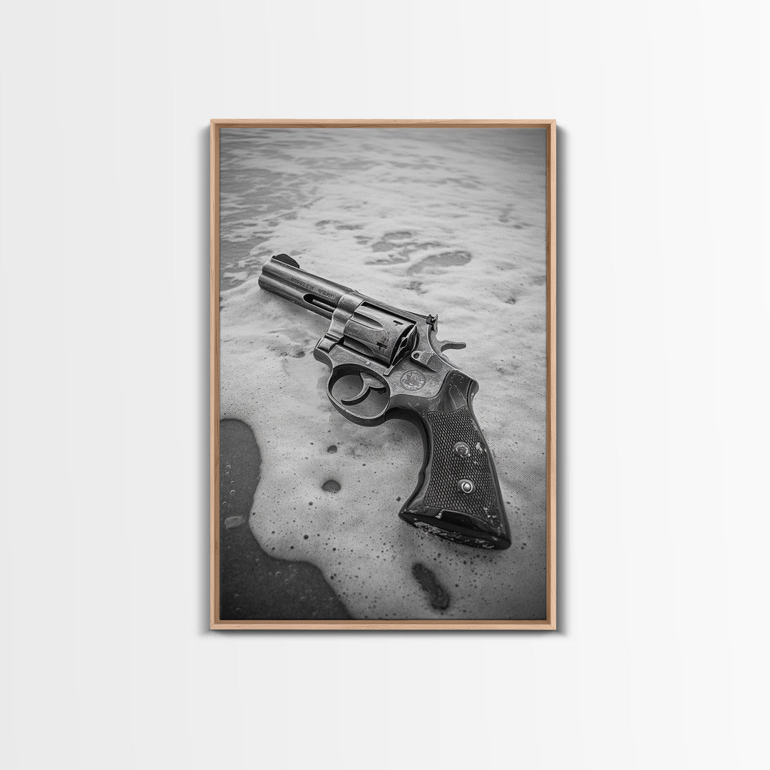 Revolver Beach, Washed Ashore, Western Style, Noir Photography, Framed Canvas Print, Industrial Wall Art, Man Cave Decor, Rustic Vibes