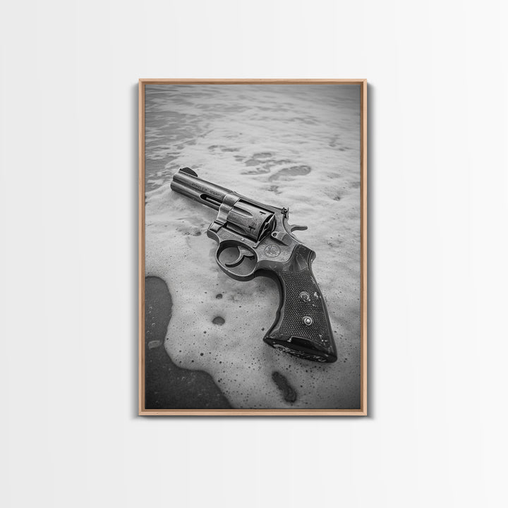 Revolver Beach, Washed Ashore, Western Style, Noir Photography, Framed Canvas Print, Industrial Wall Art, Man Cave Decor, Rustic Vibes