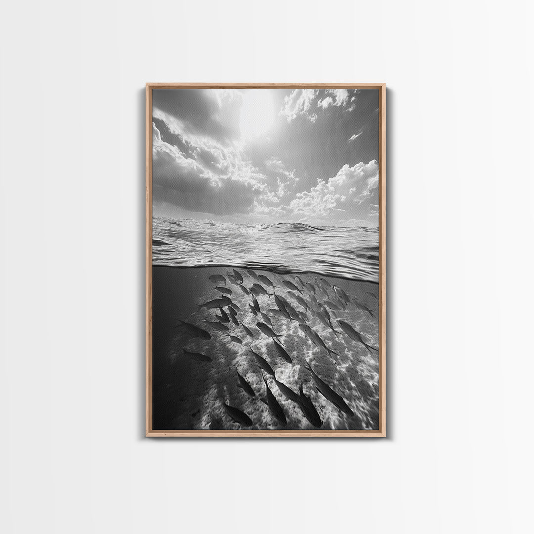 Underwater Scene, School of Fish, Ocean Photography, Split Shot Water, Framed Canvas Print, Bathroom Wall Art, Coastal Decor