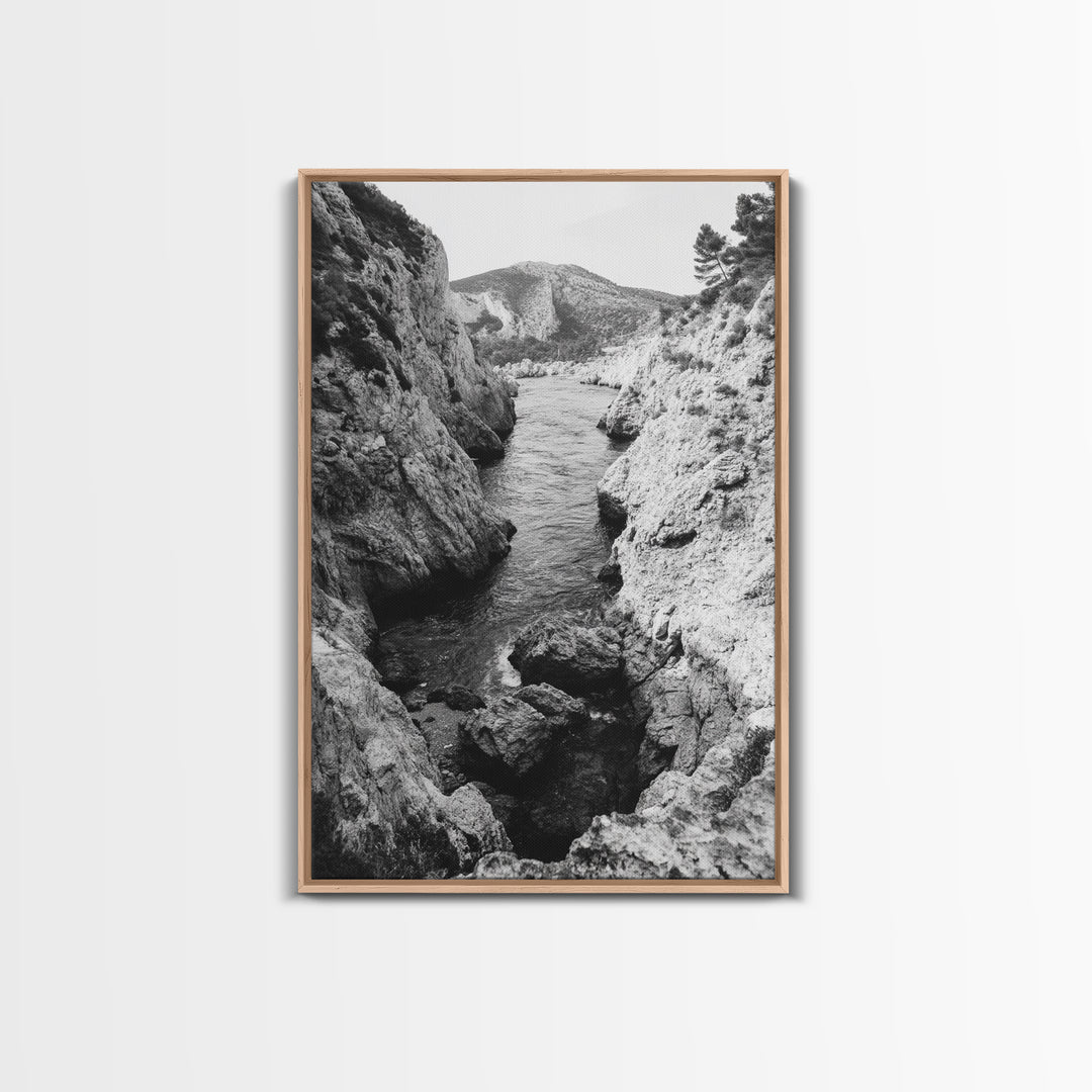 Mountain Gorge, Rugged Canyon, Flowing Stream, Wilderness Explorer, Framed Canvas Print, Cabin Wall Art, Adventurous Rustic Style