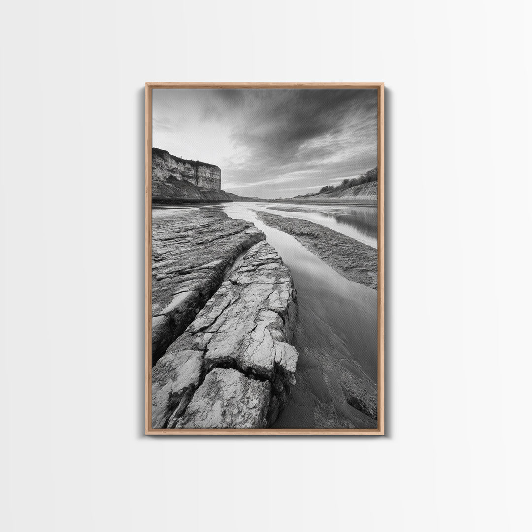 Eroded Riverbed, Desert Rock, Serene Canyon, Long Exposure, Framed Canvas Print, Earth Tones, Dining Room Decor, Nature Inspired