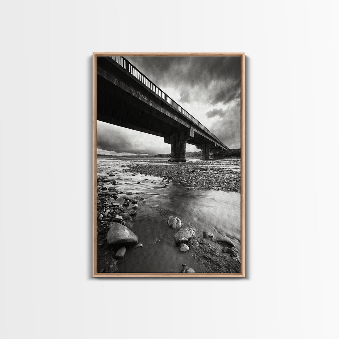 Stormy Bridge, River Rocks, Dramatic Sky, Modern Landscape, Framed Canvas Print, Moody Photography, Office Wall Art, Minimalist Decor