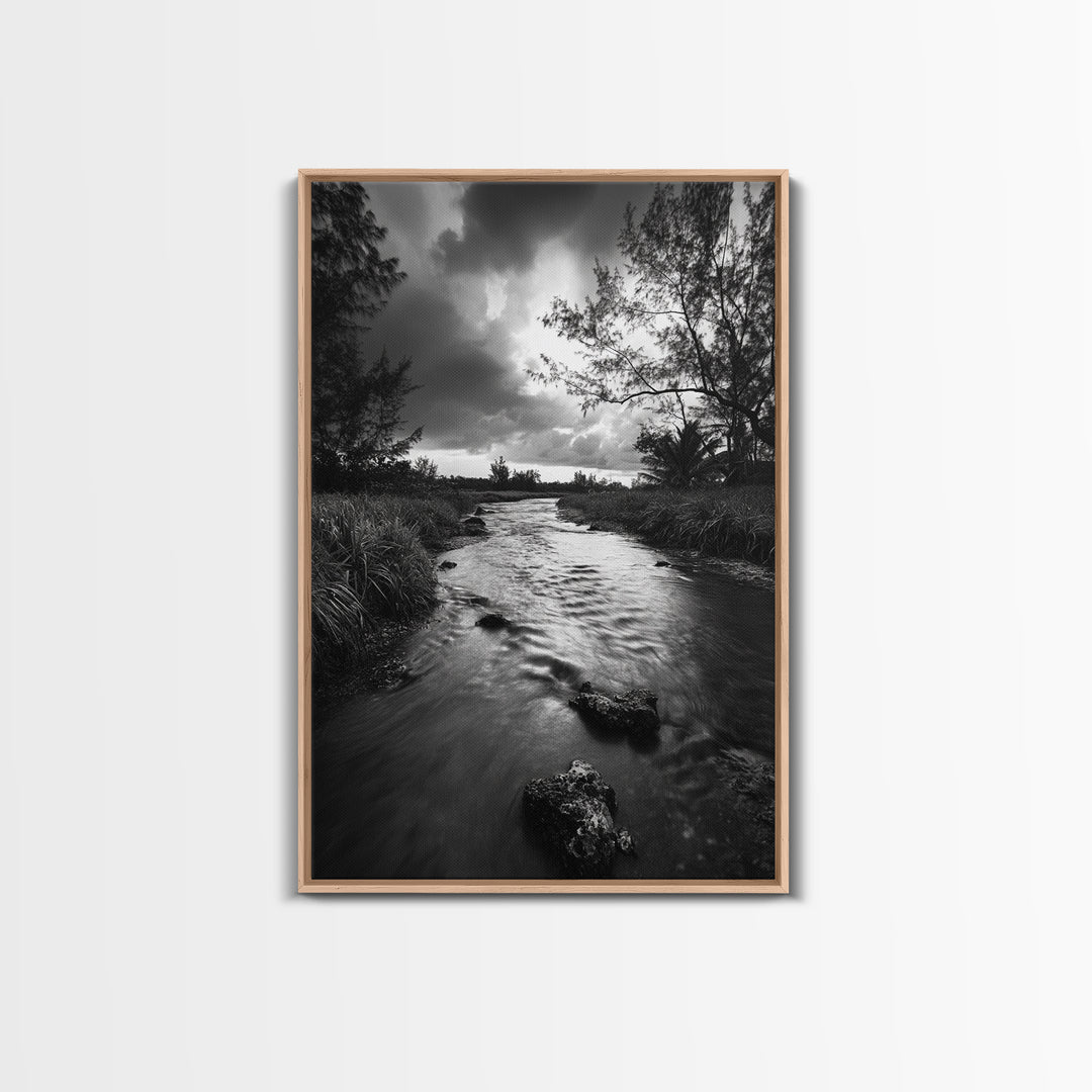 River Flow, Storm Clouds, Nature Trees, Monochrome Scene, Framed Canvas Print, Bathroom Wall Art, Moody Landscape, Rustic Home Decor