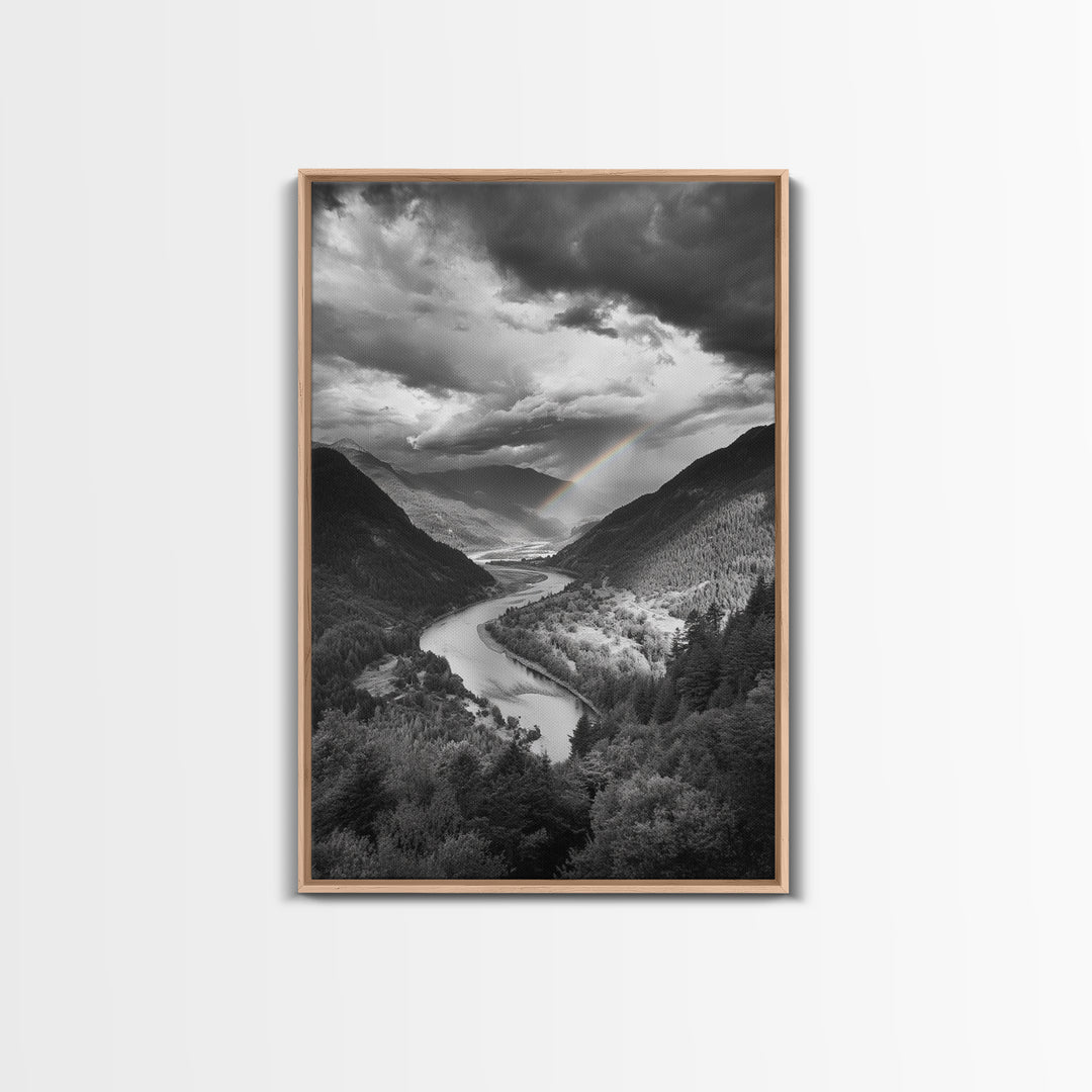 Mountain Valley, Rainbow River, Forest Panorama, Cloud Drama, Framed Canvas Print, Living Room Wall Art, Tranquil Nature, Scenic Beauty