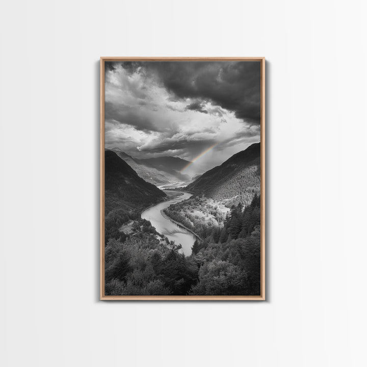 Mountain Valley, Rainbow River, Forest Panorama, Cloud Drama, Framed Canvas Print, Living Room Wall Art, Tranquil Nature, Scenic Beauty
