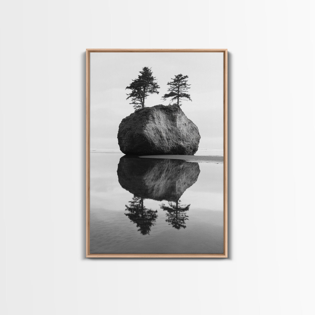 Island Reflection, Twin Trees, Still Water, Minimal Seascape, Framed Canvas Print, Bedroom Wall Art, Zen Decor, Black and White Art