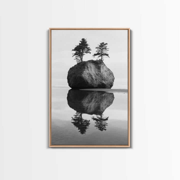 Island Reflection, Twin Trees, Still Water, Minimal Seascape, Framed Canvas Print, Bedroom Wall Art, Zen Decor, Black and White Art