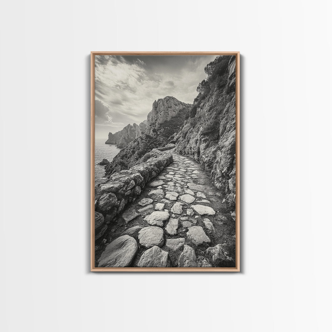 Cliff Path, Coastal Trail, Rugged Rock, Hiking Vibe, Framed Canvas Print, Hallway Wall Art, Nature Photography, Adventure Decor