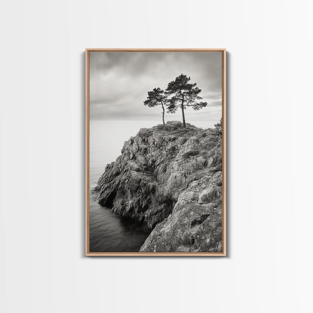Rocky Coast, Lone Trees, Ocean View, Monochrome Calm, Framed Canvas Print, Bathroom Wall Art, Coastal Style, Minimalist Mountain Art