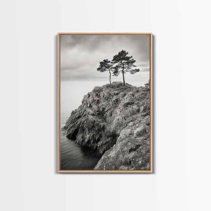 Rocky Coast, Lone Trees, Ocean View, Monochrome Calm, Framed Canvas Print, Bathroom Wall Art, Coastal Style, Minimalist Mountain Art