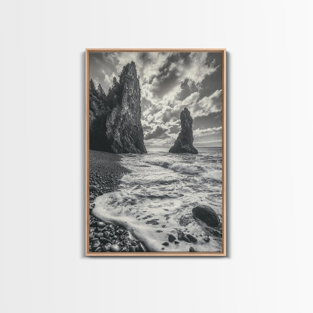 Sea Spires, Ocean Foam, Pebble Shore, Wild Coast, Framed Canvas Print, Living Room Wall Art, Dramatic Landscape, Coastal Home Decor