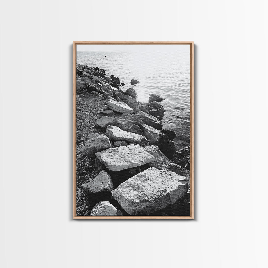 Shore Rocks, Sunlit Ocean, Rugged Texture, Minimal Horizon, Framed Canvas Print, Entryway Wall Art, Beach Decor, Neutral Tones