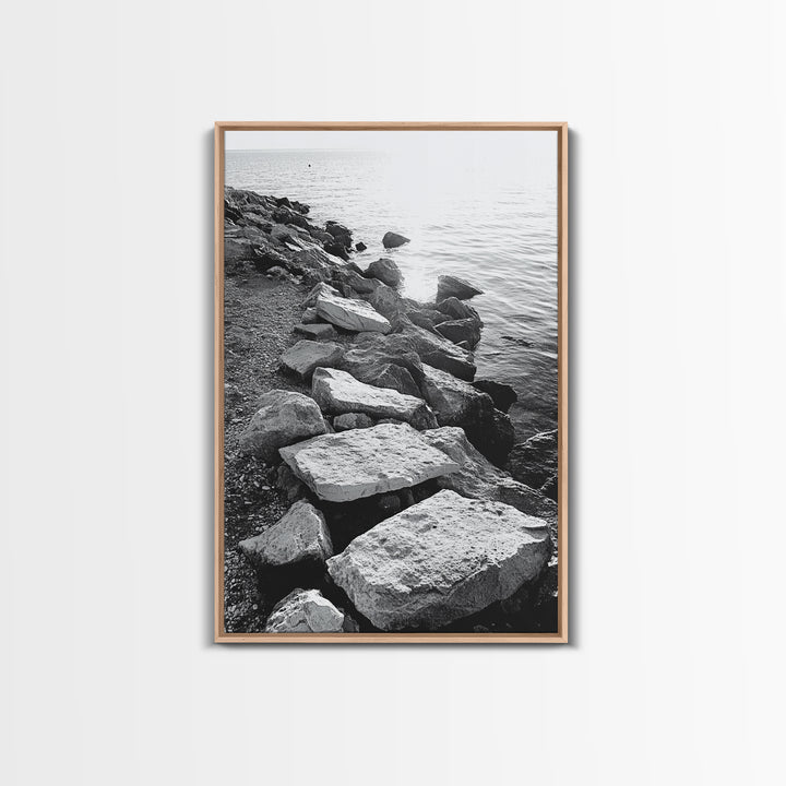 Shore Rocks, Sunlit Ocean, Rugged Texture, Minimal Horizon, Framed Canvas Print, Entryway Wall Art, Beach Decor, Neutral Tones
