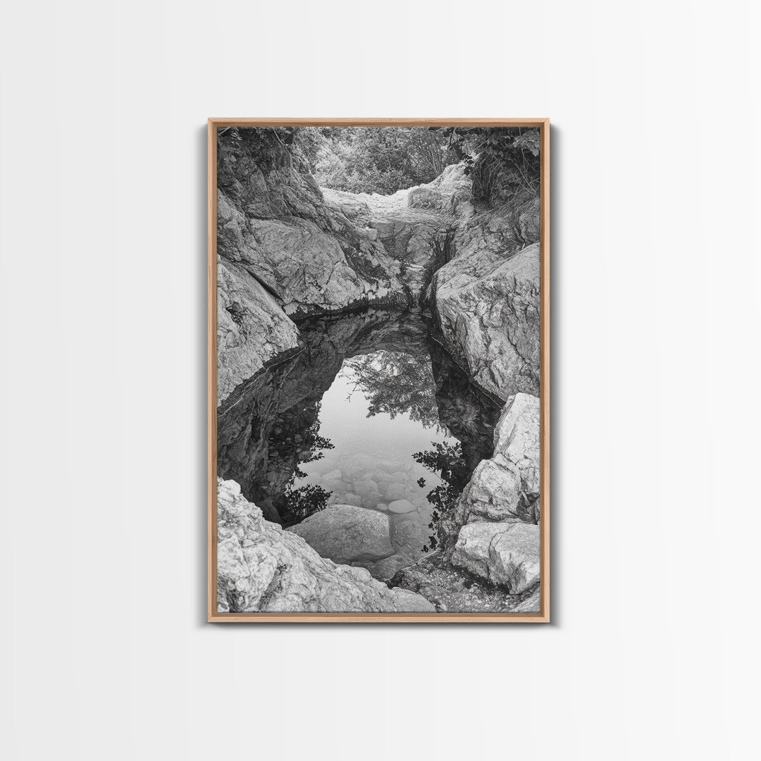 Reflective Rock Pool, Tranquil Nature, Monochrome Landscape, Black and White Framed Canvas Print, Minimalist Bathroom or Spa Wall Art