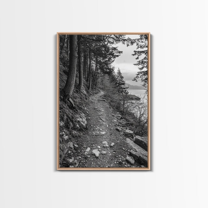 Forest Pathway Trail, Wilderness Escape, Rustic Nature, Black and White Framed Canvas Print, Cozy Cabin or Entryway Wall Art