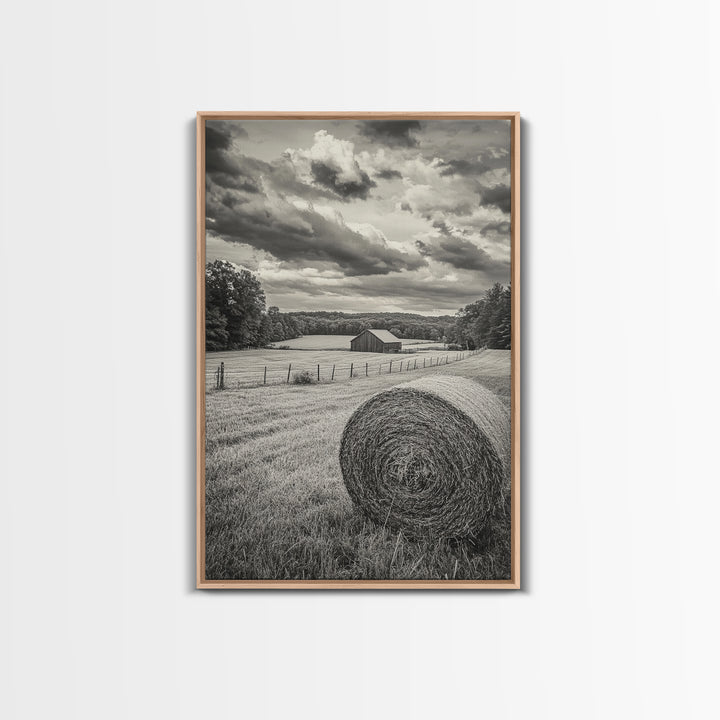 Autumn Hay Bale, Farm Field Scene, Country Landscape, Black and White Canvas Print, Rustic Kitchen or Fall Living Room Wall Art