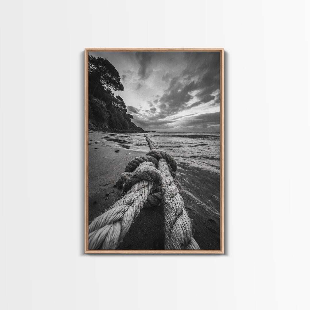 Beach Rope Knot, Coastal Connection, Ocean Shoreline, Nautical Canvas Print, Black and White Bathroom or Seaside Wall Decor