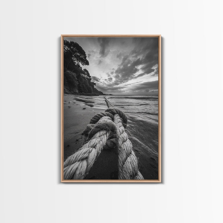 Beach Rope Knot, Coastal Connection, Ocean Shoreline, Nautical Canvas Print, Black and White Bathroom or Seaside Wall Decor