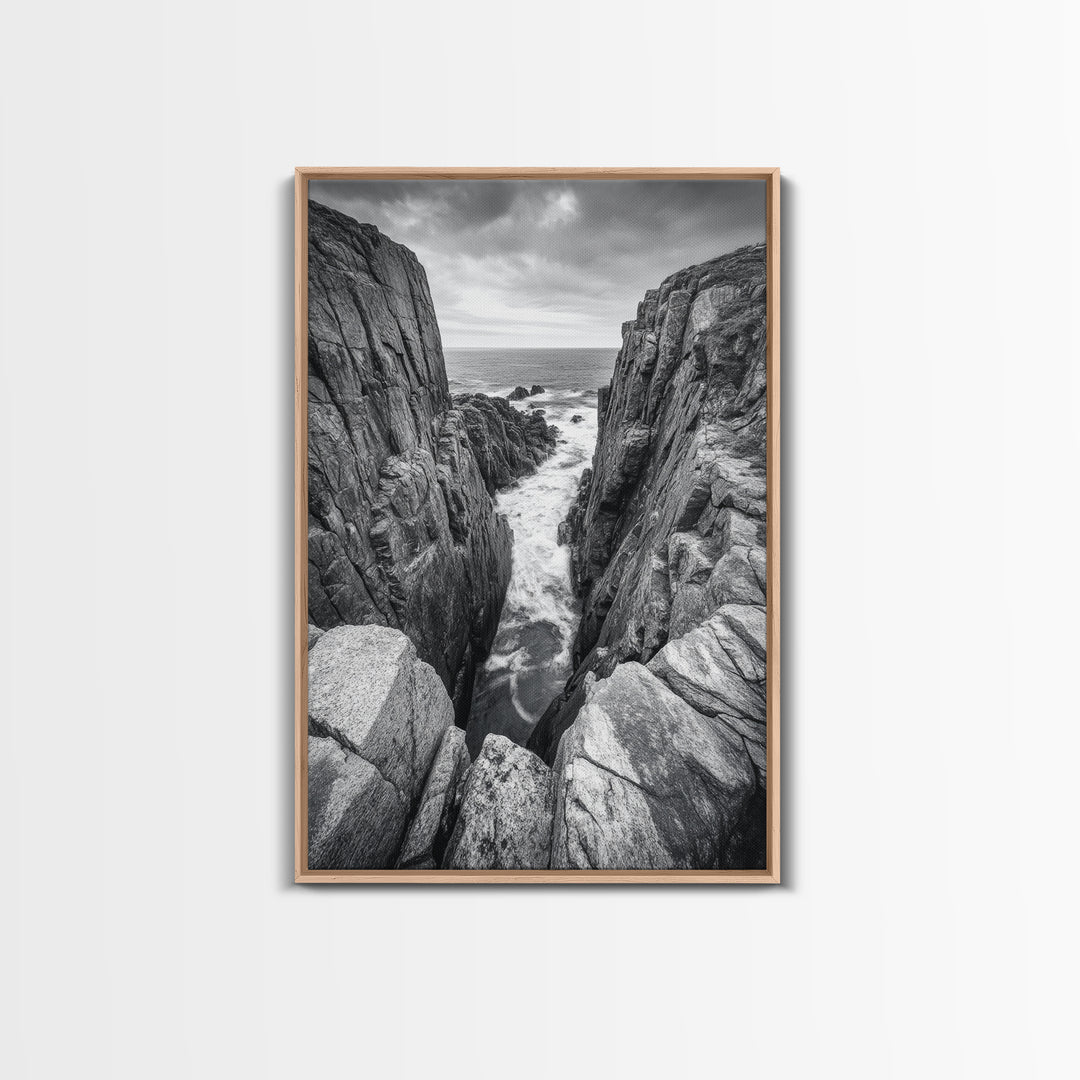 Ocean Cliff Pass, Rugged Coastal Rocks, Nature Power, Monochrome Framed Canvas Print, Moody Bathroom or Masculine Office Art