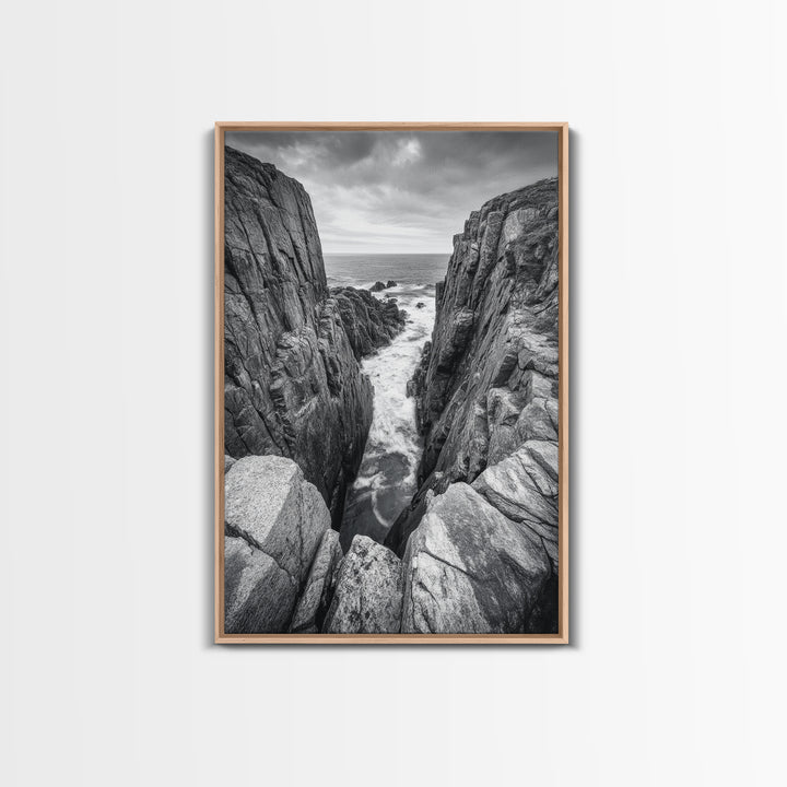 Ocean Cliff Pass, Rugged Coastal Rocks, Nature Power, Monochrome Framed Canvas Print, Moody Bathroom or Masculine Office Art