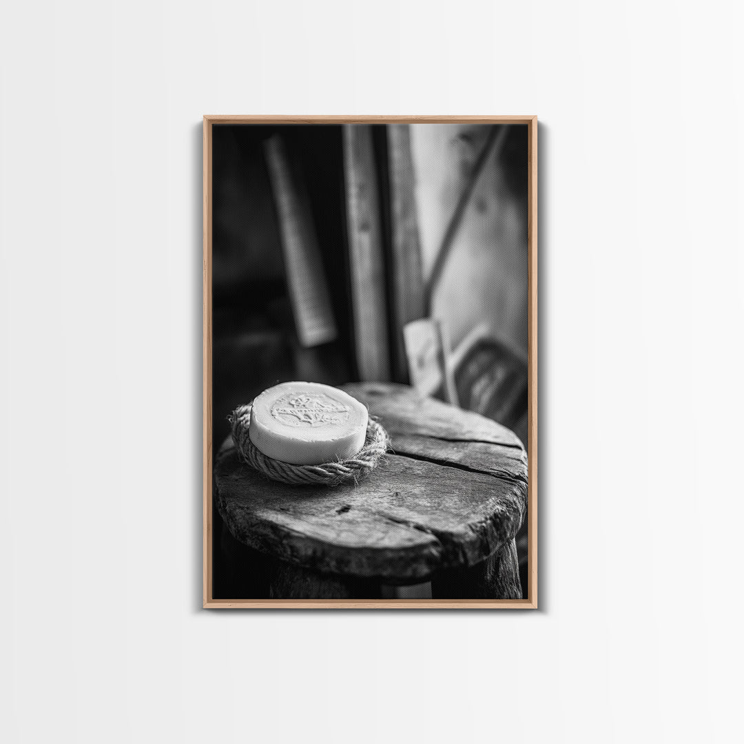 Artisan Soap Still Life, Rustic Wellness Scene, Country Bathroom, Monochrome Framed Canvas Print, Farmhouse Bathroom Wall Art