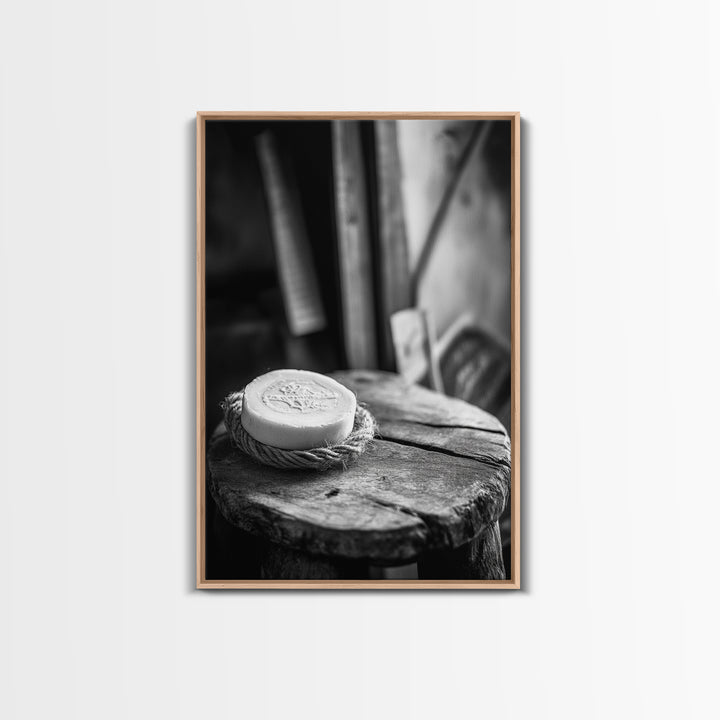 Artisan Soap Still Life, Rustic Wellness Scene, Country Bathroom, Monochrome Framed Canvas Print, Farmhouse Bathroom Wall Art