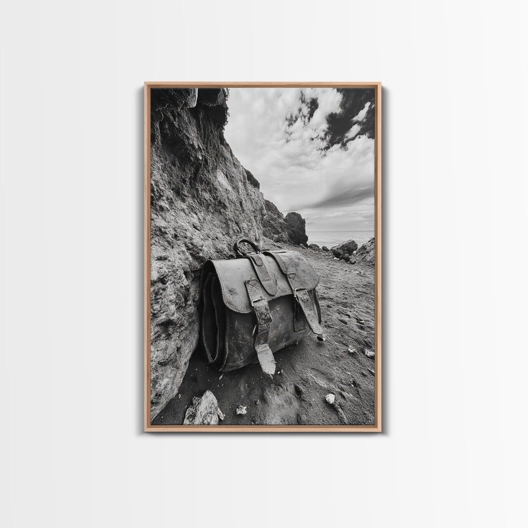 Deserted Leather Satchel, Coastal Adventure, Weathered Texture, Black and White Canvas Print, Vintage Office or Studio Wall Art