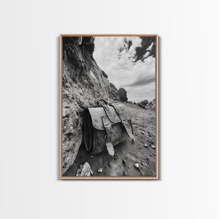 Deserted Leather Satchel, Coastal Adventure, Weathered Texture, Black and White Canvas Print, Vintage Office or Studio Wall Art