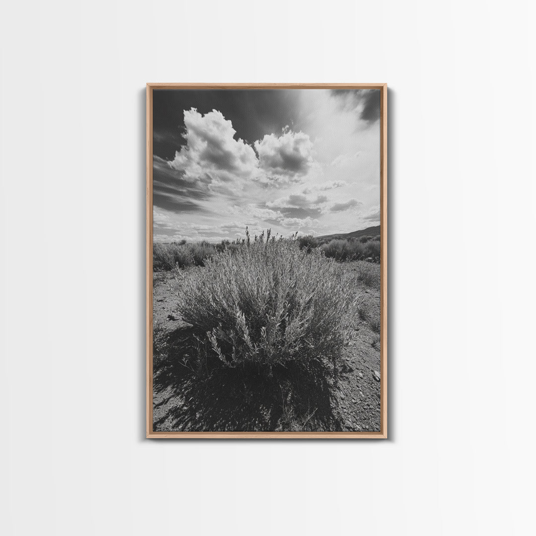 Desert Sage, Cloud Sky, Nature Wall Decor, Framed Canvas Print, Minimalist Art, Boho Style, Neutral Tones, Entryway Botanical Print