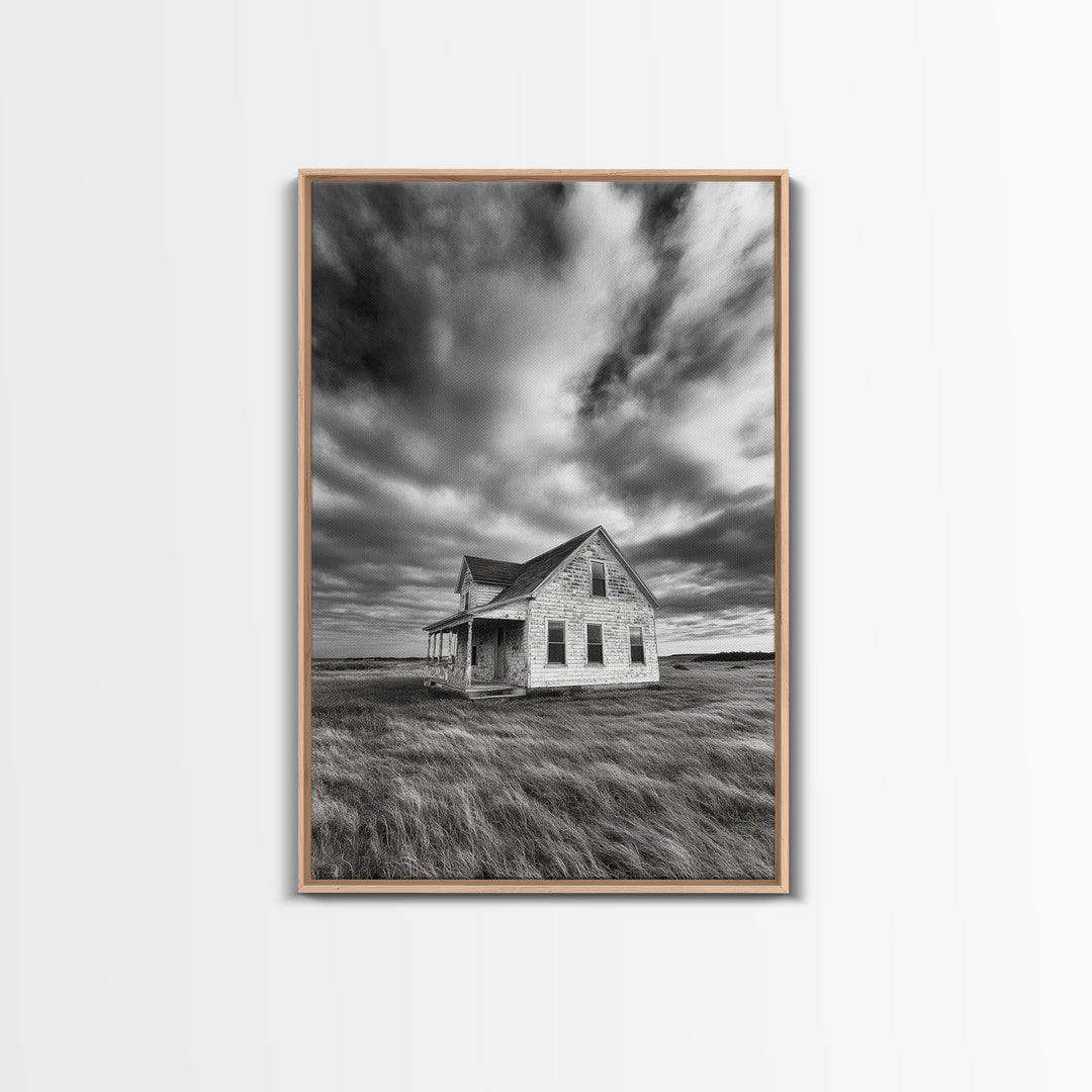 Abandoned House, Windy Prairie, Haunted Landscape, Framed Canvas Print, Fall Wall Art, Rural Home Decor, Moody Halloween Style