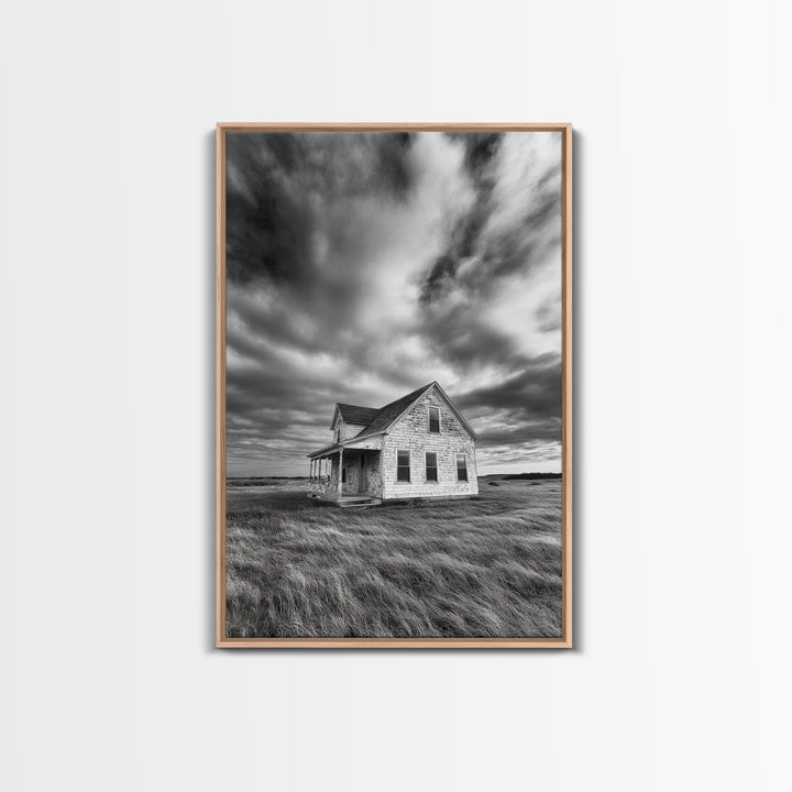 Abandoned House, Windy Prairie, Haunted Landscape, Framed Canvas Print, Fall Wall Art, Rural Home Decor, Moody Halloween Style
